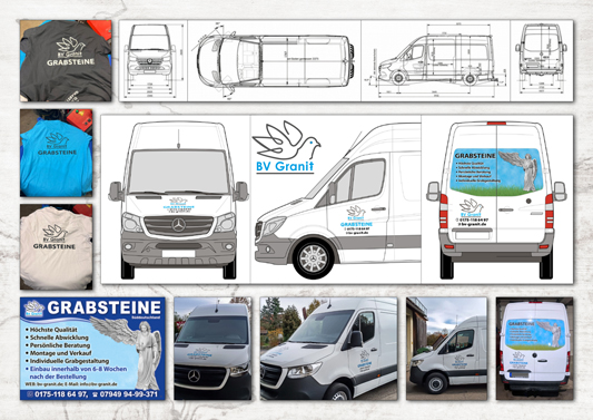 Fahrzeugbeschriftung, Layout und Werbemittel im einheitlichen Markenauftritt