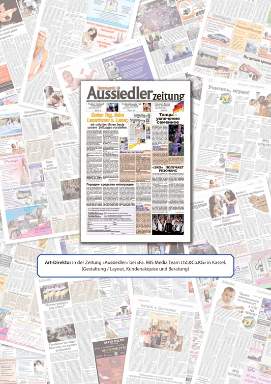 Von mir vollständig gestaltete Zeitung „Aussiedler“ mit Layout, Satz und Anzeigengestaltung