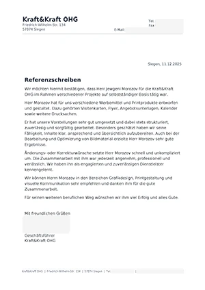 Miniatur des Referenzschreibens von Kraft&Kraft OHG